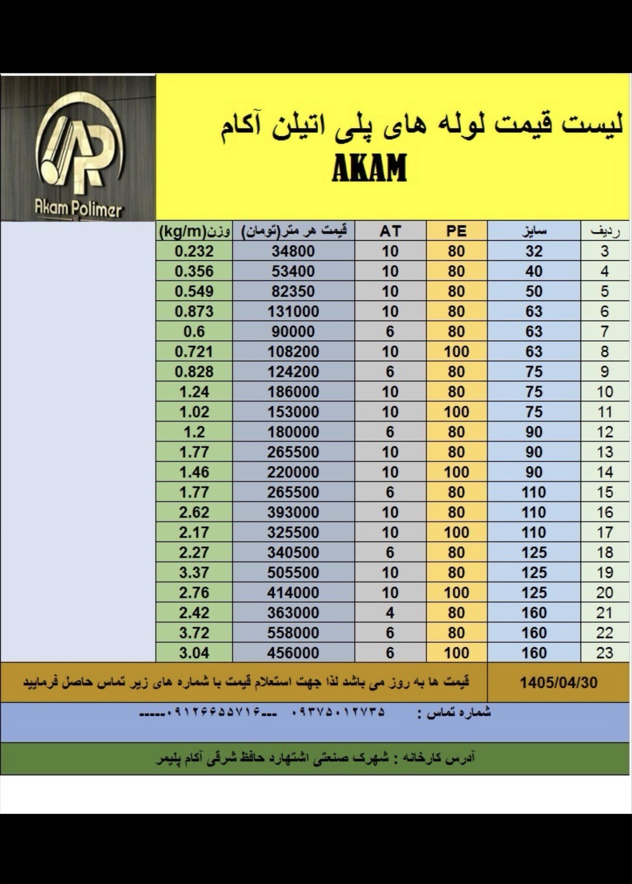 لوله پلی اتیلن در همه سایزها طبق لیست قیمت